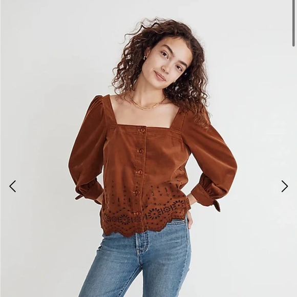 Madewell Tops - Madewell Embroidered Eyelet Corduroy Tie-Sleeve Top Coffee / Burnt Orange Size M